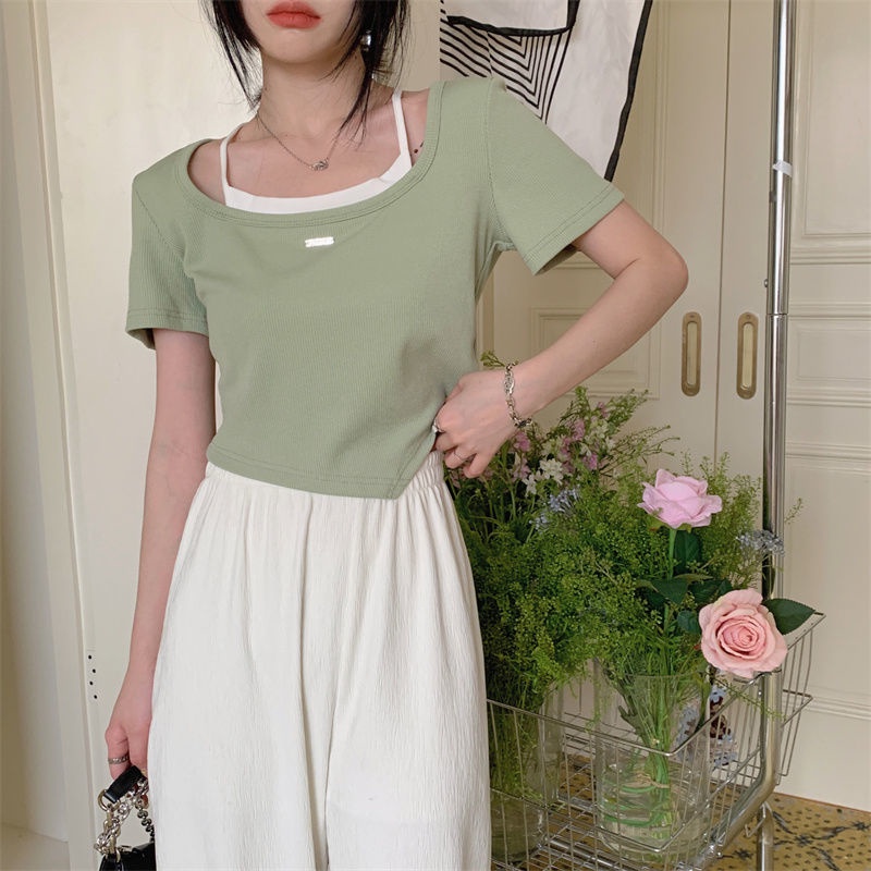 Áo Thun Ngắn Tay Hai Mảnh Thiết Kế Dáng Ngắn Phong Cách Hàn Quốc Thời Trang Mùa Hè Hàng Mới 2022 Dành Cho Bạn Nữ