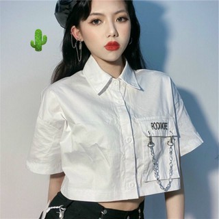 Áo sơ mi túi phối dây xích có cổ áo Form 55kg Chất kate Thái