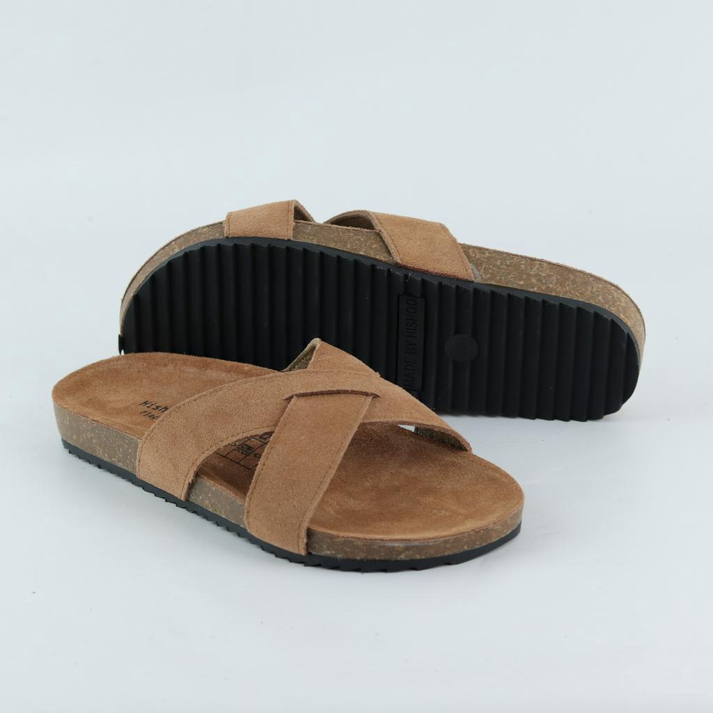 Dép giày đế trấu birken BIGSIZE 35 - 43da bò nam nữ unisex quai ngang chéo chính hãng Hishoo R096