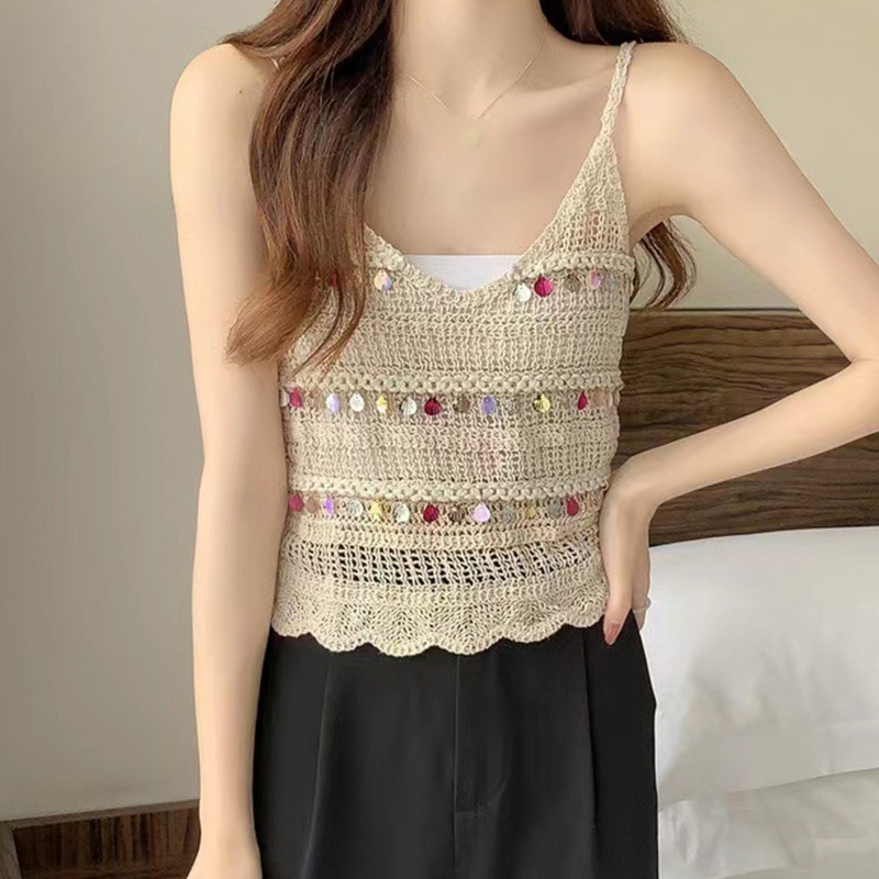 Youyo Áo Croptop Dệt Kim Hai Dây Tua Rua Đính Kim Sa Phong Cách Boho Mùa Hè Cho Nữ