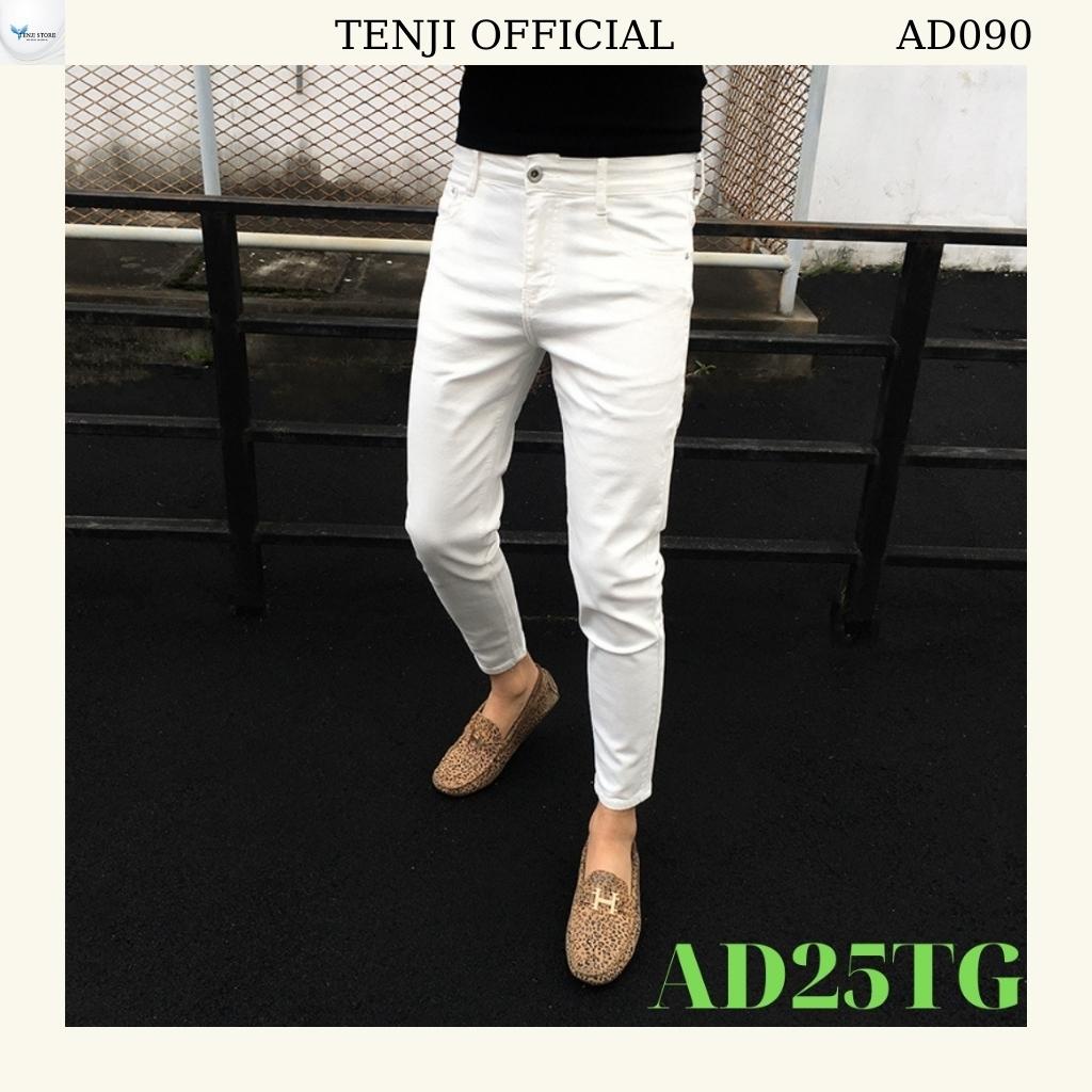 Quần jean nam TENJI trắng chất bò co dãn hòa tiết trơn kiểu dáng kinnny cá tính QJ25 size