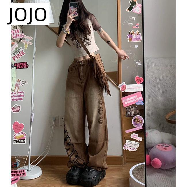 Quần Jean Dài Lưng Cao Ống Rộng In Họa Tiết Phong Cách Đường Phố Mỹ Cá Tính Cho Nữ