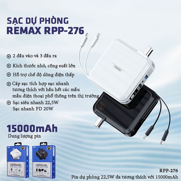 Aki shop Cốc sạc nhanh kiêm pin sạc dự phòng đa năng Remax RPP-276 15000mAh tích hợp cáp sạc type C và iphone decor