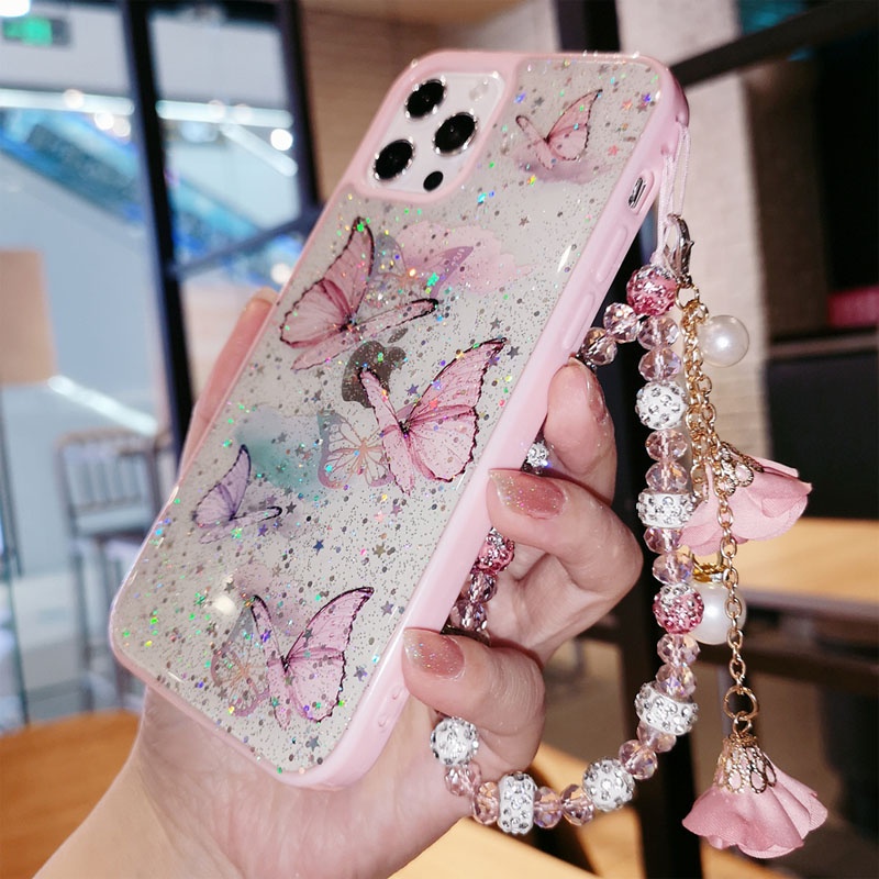 Ốp Điện Thoại Kim Tuyến Hình Bướm Có Dây Đeo Cho iPhone 13 12 11 Pro Max Mini XS Max XR X 6 7 8 Plus SE 2020