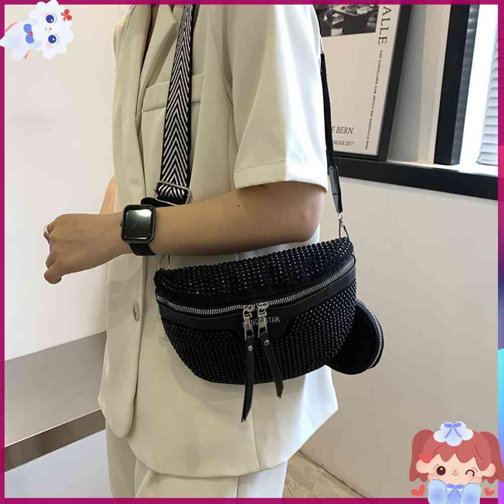 ✿Mars144✿Túi Đeo Chéo Ngực / Thắt Lưng Bằng PU Đính Đá Lấp Lánh Tinh Tế Cho Nữ✿