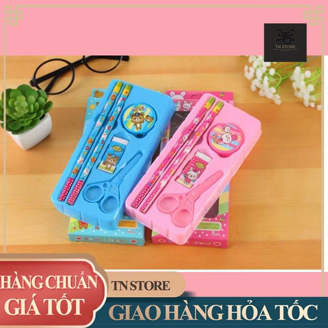 Bộ dụng cụ học sinh 5 món cực xinh màu hồng và màu xanh
