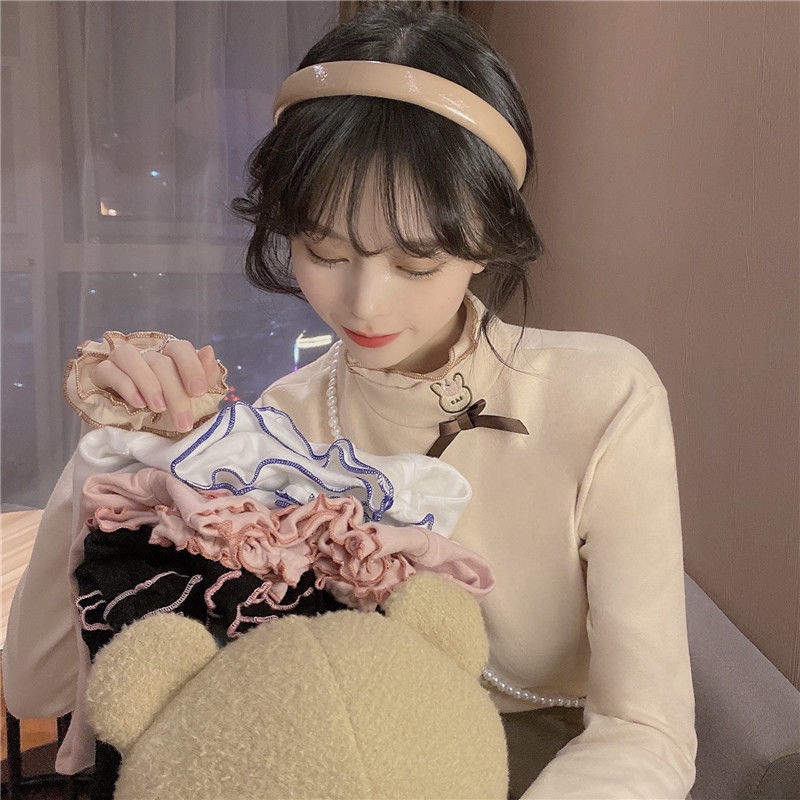 Áo Thun Tay Dài Cổ Cao Phối Lông Đính Nơ Dễ Thương Cho Nữ Sinh