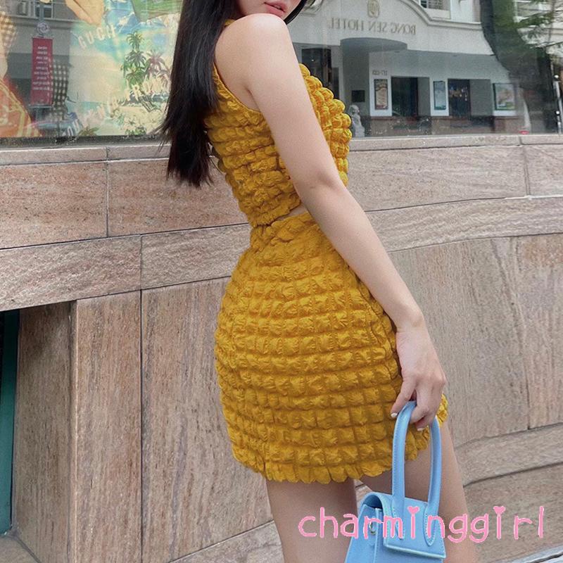 Chm- Set Áo Sát Nách Cổ Tròn Họa Tiết Màu Trơn Và Chân Váy Lưng Cao Dành Cho Nữ