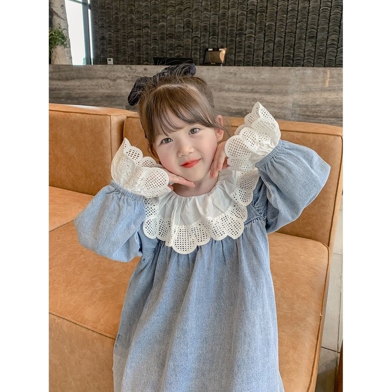Đầm Denim Cổ Búp Bê Ngọt Ngào Và Thời Trang Mùa Xuân Mới Cho Bé Gái