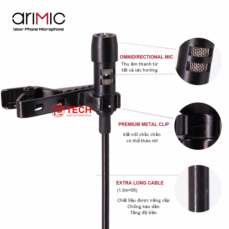 Micro AriMic Clip-on Lavalier 1.5m – Mic thu âm gài áo cho điện thoại, máy ảnh, PC