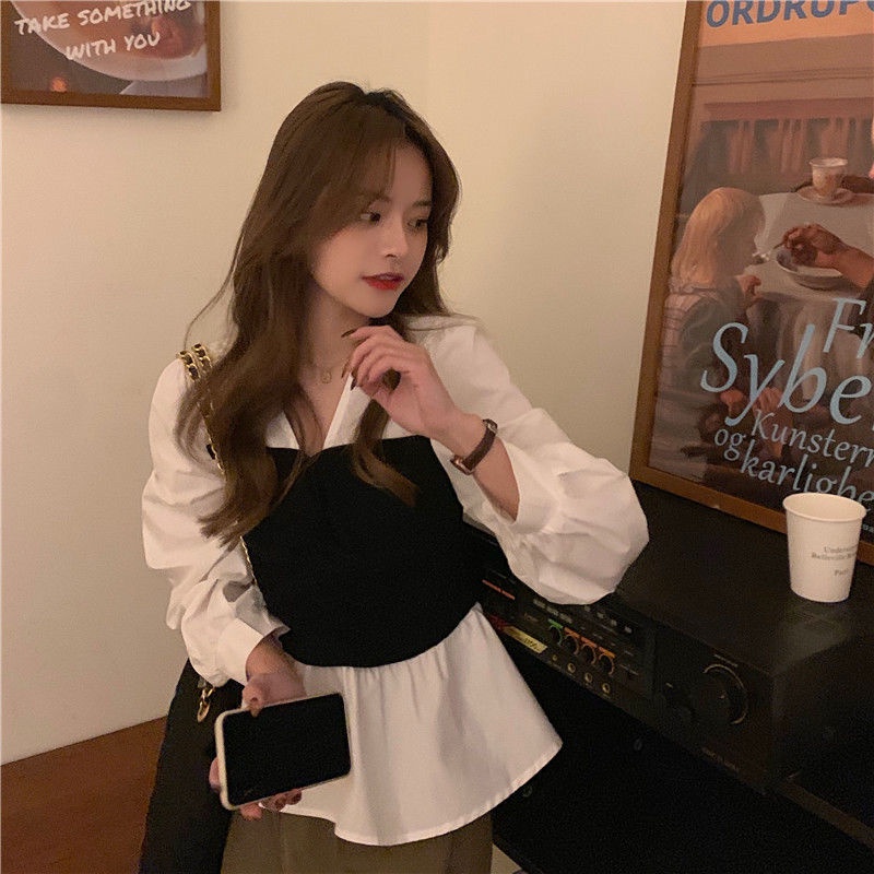 Áo Sơ Mi Tay Dài Giả Hai Lớp Phối Màu Tương Phản Thời Trang 2022 Cho Nữ