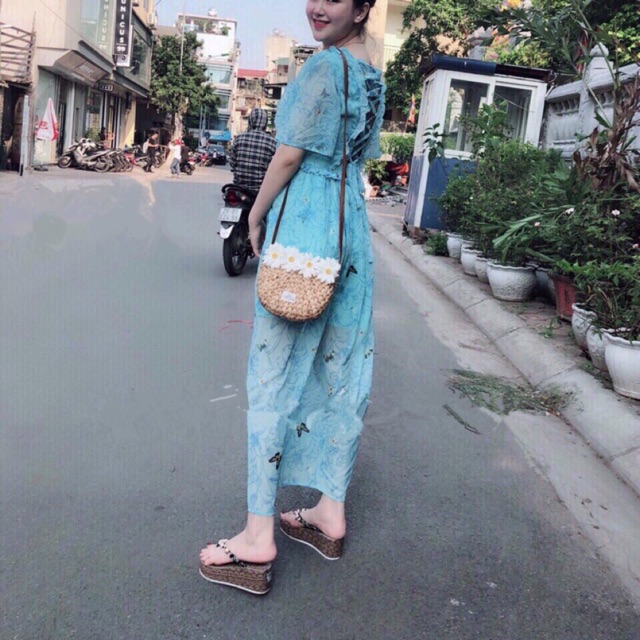 Đầm maxi bướm xanh đan dây sau lưng