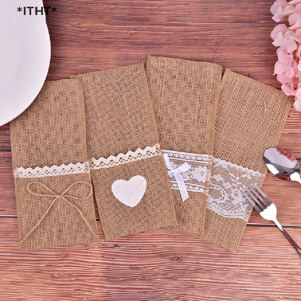 [ITHT] 10 Túi Đựng Dao Kéo Bằng Vải Bố Phối Ren Dùng Trang Trí Bàn Tiệc Cưới