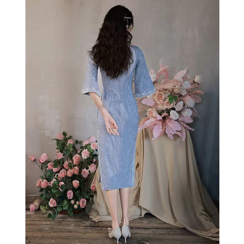 Đầm Sườn Xám Tay Áo Lớn Phối Ren Kiểu Retro Cá Tính