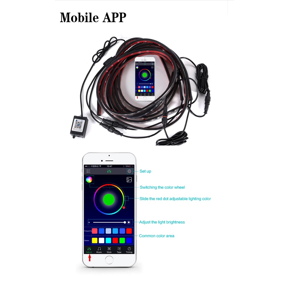 Bộ 4 Dải Đèn LED RGB Điều Khiển Từ Xa Trang Trí Gầm Xe Hơi