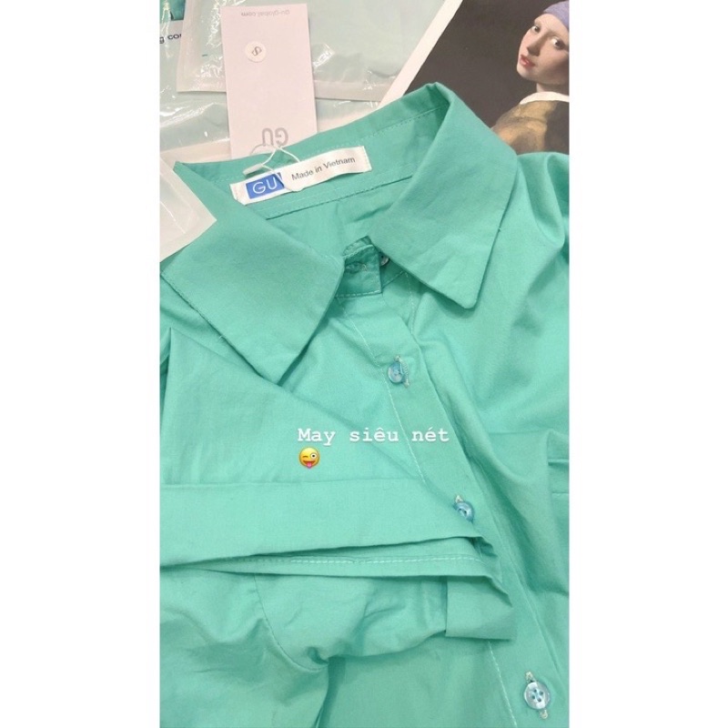 Áo sơ mi GU tay dơi gập gấu xanh mint