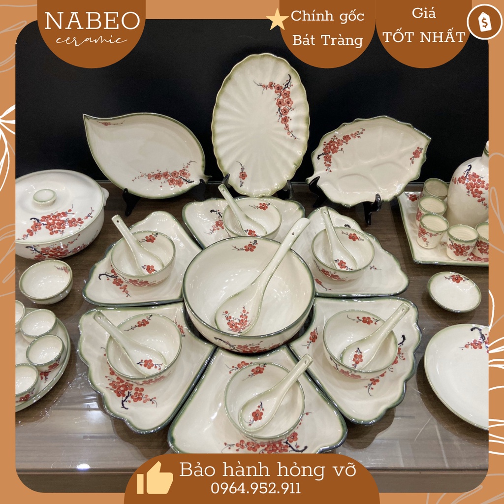 Bộ Bát Đĩa Gia Tiên Đào Đỏ Vẽ Tay, Bộ Mặt Trời Thắp Hương Có bộ trà, nậm, thêm đĩa.. Gốm Sứ Bát Tràng