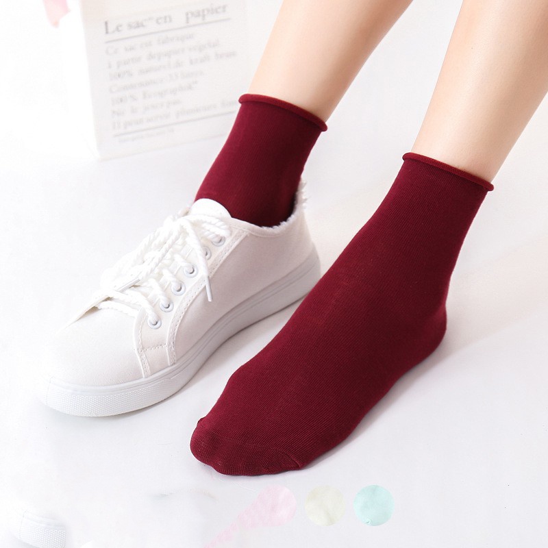 Vớ nữ Tất nhún cổ cao cotton cho bạn gái phong cách vintage hàn quốc đen trắng nhiều màu QC