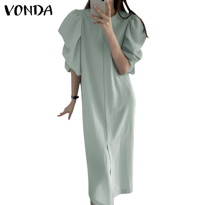 Đầm dài VONDA tay ngắn phồng xếp nếp màu trơn xẻ tà phong cách Hàn Quốc cho nữ