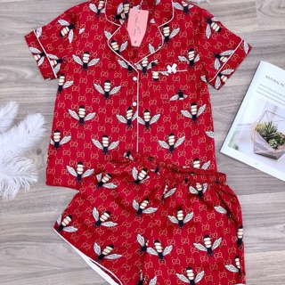 Bộ ngủ lụa Gucci quần đùi hoạ tiết ong ( hàng bao đẹp)