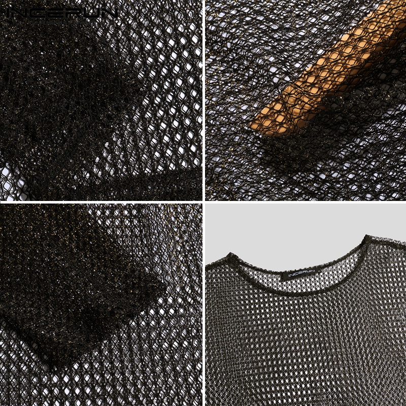 Áo lưới INCERUN màu đen xuyên thấu tay dài thời trang cho nam