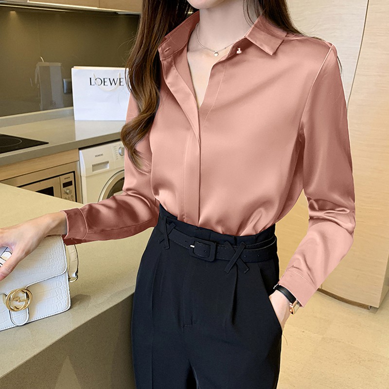 Áo Sơ Mi Lụa Satin Hồng Thiết Kế Phong Cách Châu Âu SM63 - Hàng Quảng Châu Cao Cấp