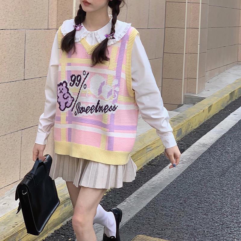 Áo dệt kim không tay in hoạt hình đáng yêu thời trang Nhật Bản