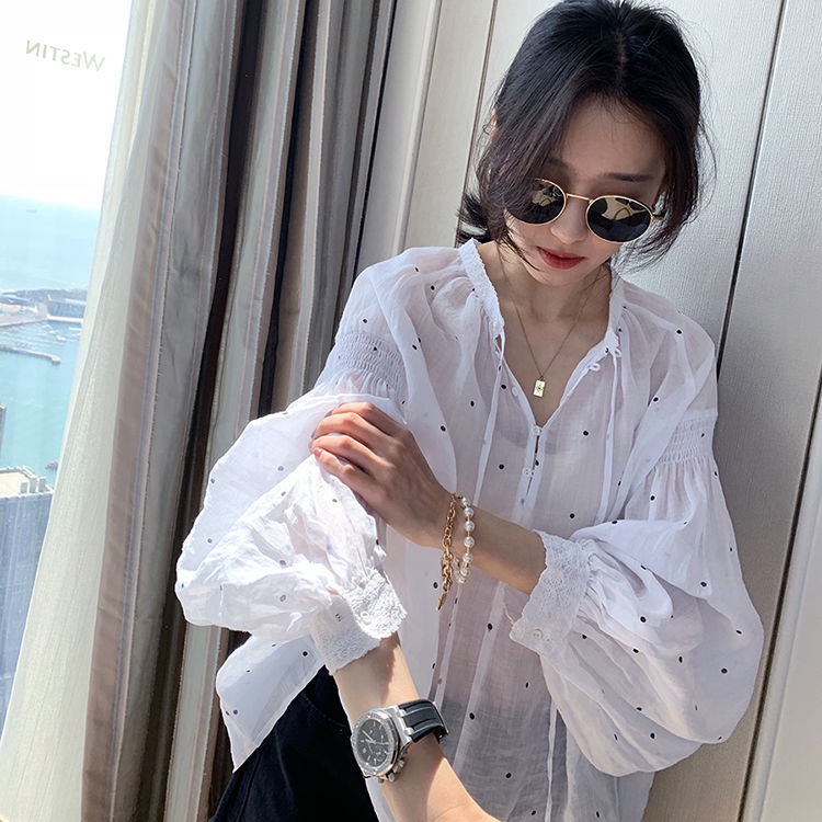 Áo kiểu tay dài họa tiết chấm bi dễ thương dành cho nữ