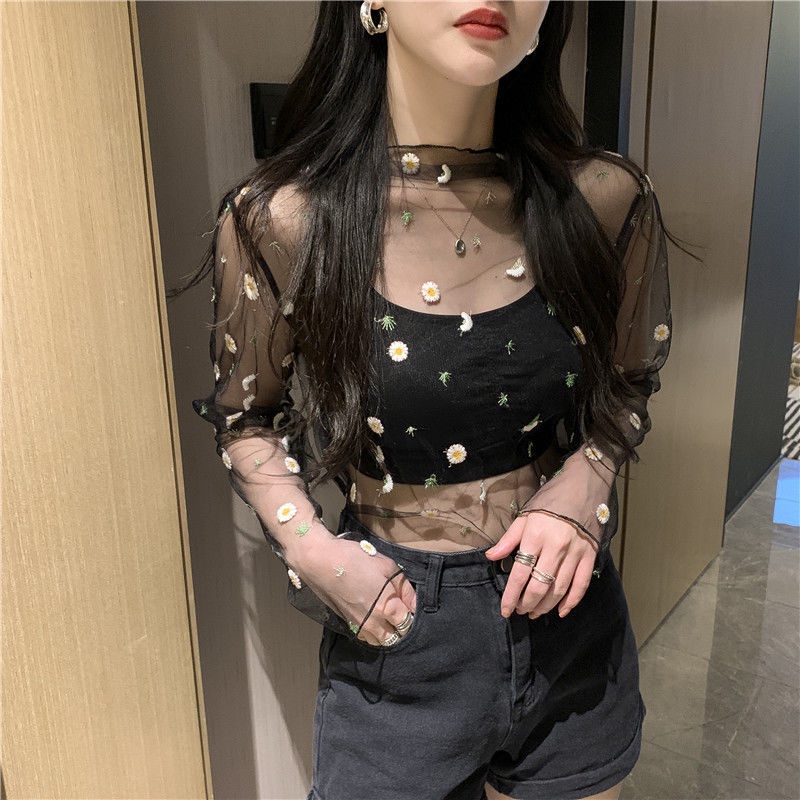 Áo Sơ Mi Dài Tay Phối Lưới Thêu Hoa Cúc Thời Trang Mùa Hè Cho Nữ