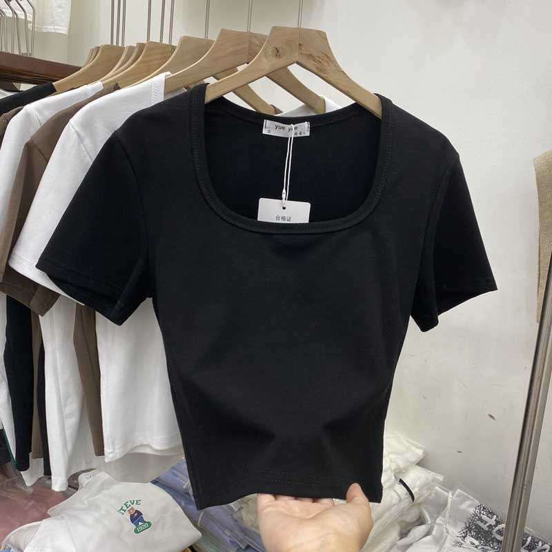 Áo Thun Tay Ngắn Cổ Vuông Màu Sắc Đơn Sắc Thời Trang Mùa Hè Quyến Rũ Cho Nữ