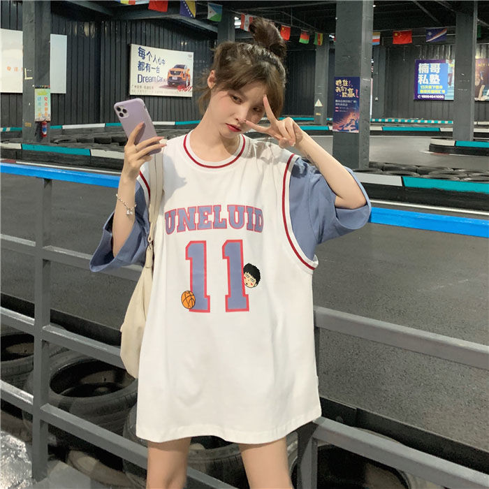 2022 Fake two-piece basketball uniform T-shirt women's  new Korean version loose mid-length jersey short-sleeved ins
