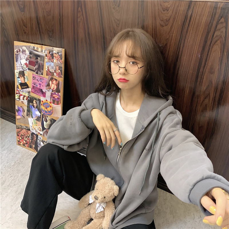 Áo Hoodie Dài Tay 176146Áo Khoác Có Mũ Dáng Rộng Màu Sắc Đơn Giản Cho Nữ