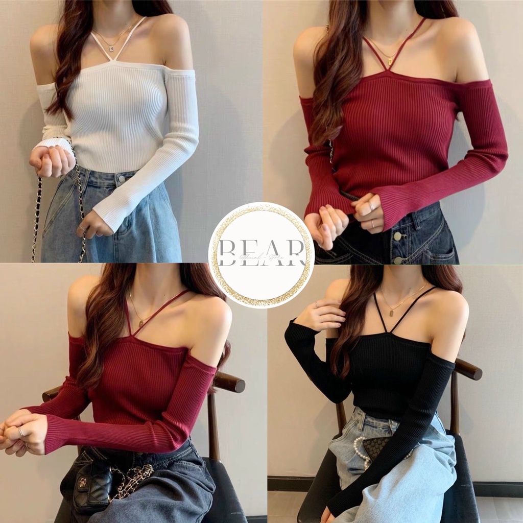 Áo Croptop Trễ Vai Kiểu Yếm Phối Dây Chéo Cổ| trễ vai Chất Thun gân không xù lông Hàn Quốc - AK0080  | bear.story