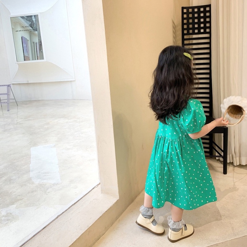 Đầm Tay Phồng In Họa Tiết Trái Tim Dễ Thương Thời Trang Mùa Hè Cho Bé Gái