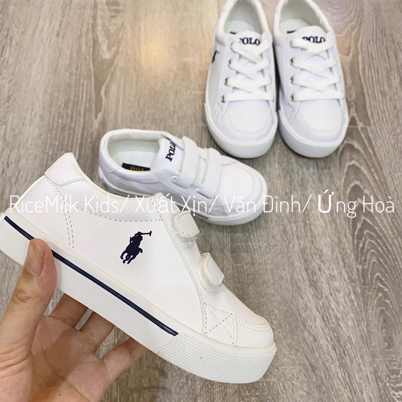 Giày Da thêu logo polo màu trắng xuất dư cho mẹ và bé