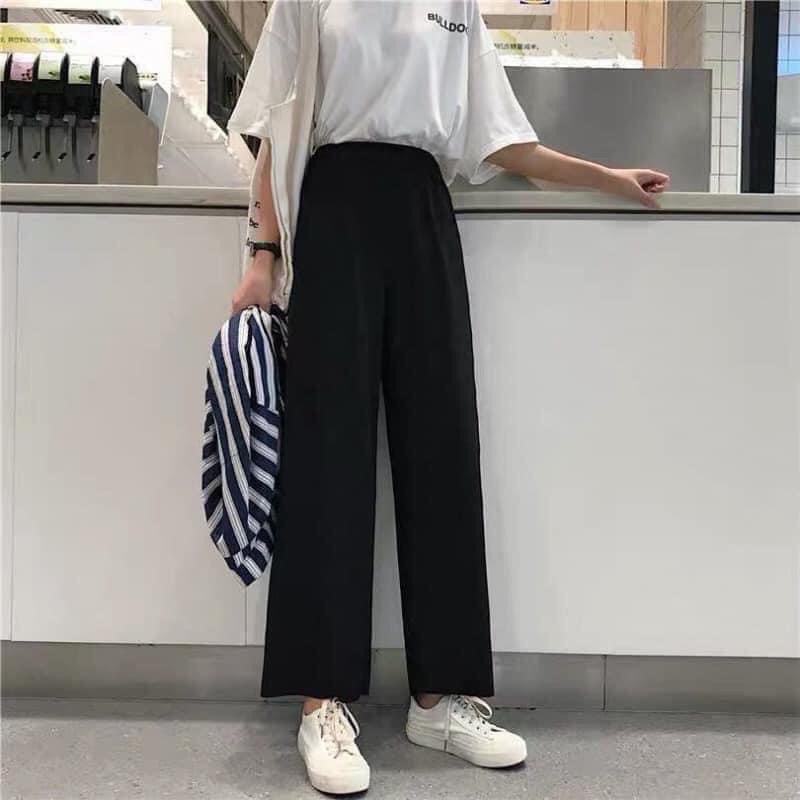 Quần ống rộng trơn basic dáng dài BIGOMALL - Quần nữ ống xuông đen trơn cạp chun phong cách ulzzang đi học đi chơi