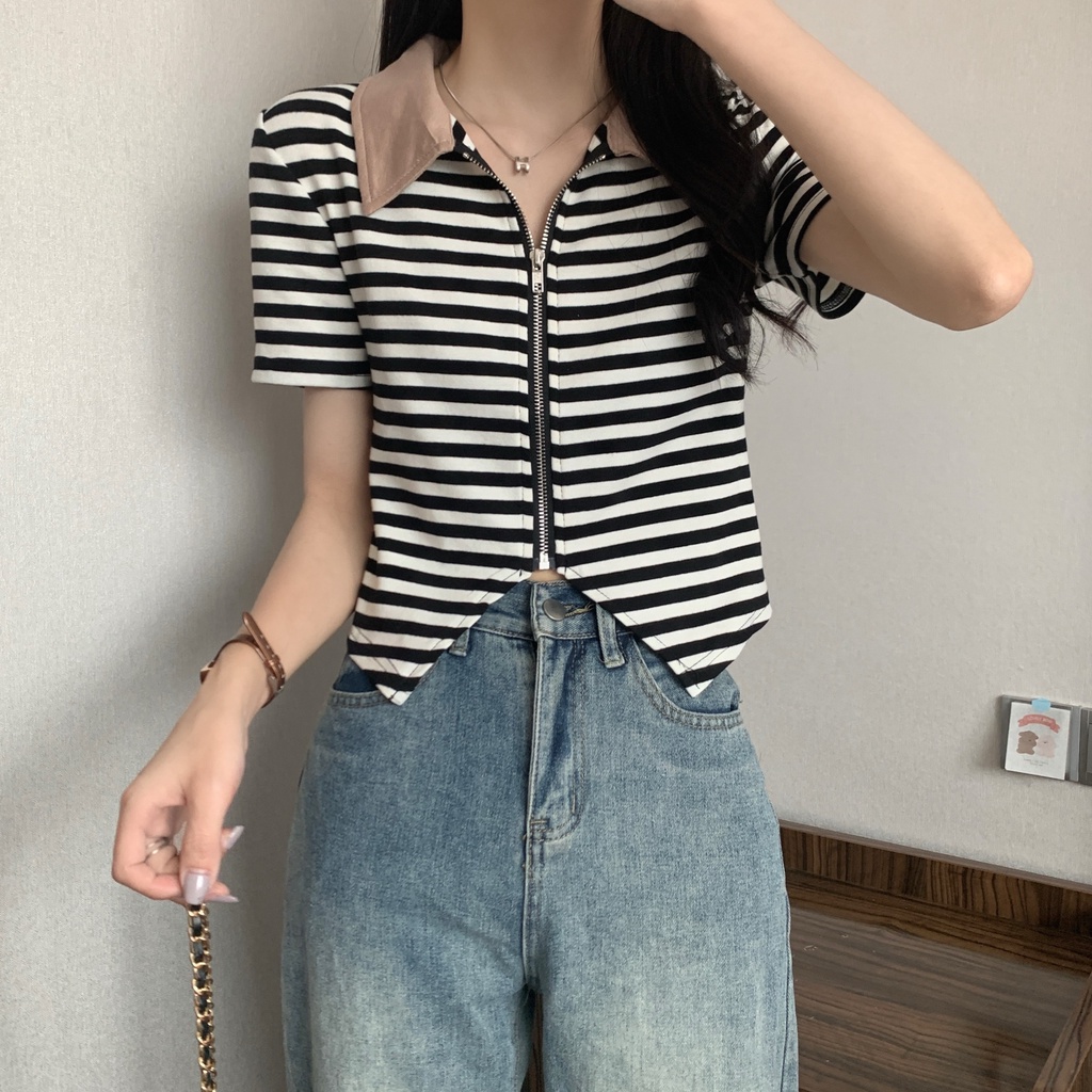 Áo thun polo dệt kim ZHELIHANGFEI họa tiết kẻ sọc thiết kế lệch tà thời trang cá tính cho nữ