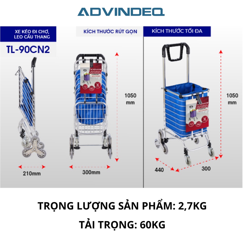 Xe kéo đi chợ, leo cầu thang 8 bánh gấp gọn ADVINDEQ TL-90CN2, tải trọng 60kg, Bảo hành chính hãng 1 năm