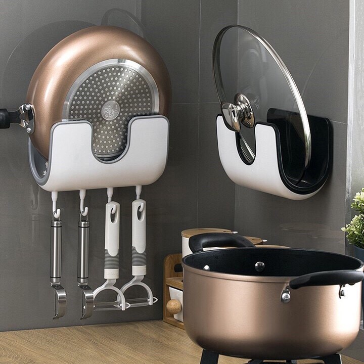 Kệ đựng nắp vung nồi dán tường kèm 4 móc treo tiện ích nhà bếp