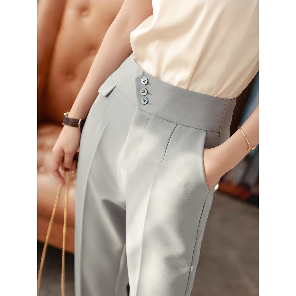M222 Quần tây công sở nữ dài 3 khuy bấm cạp lưng cao - Dáng quần baggy vải công sở dày mềm phối áo sơ mi