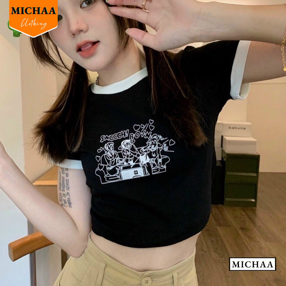 Áo Croptop Ôm Body Nữ SMOOCH TIM Cổ Tròn Tay Ngắn, Áo Thun Croptop Kiểu In Họa Tiết - MICHAA CR89