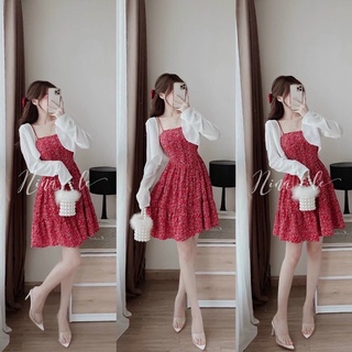 Set đầm đỏ hoa nhí 2S kèm khoác trắng croptop