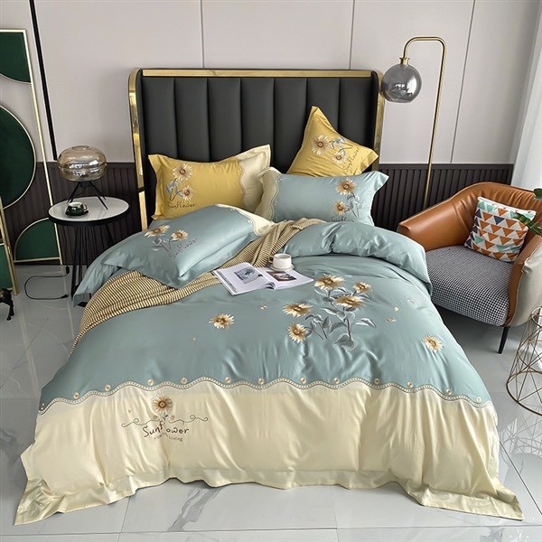 Bộ chăn ga gối lụa 60s Lidaco thêu hoạ tiết hoa hướng dương cao cấp