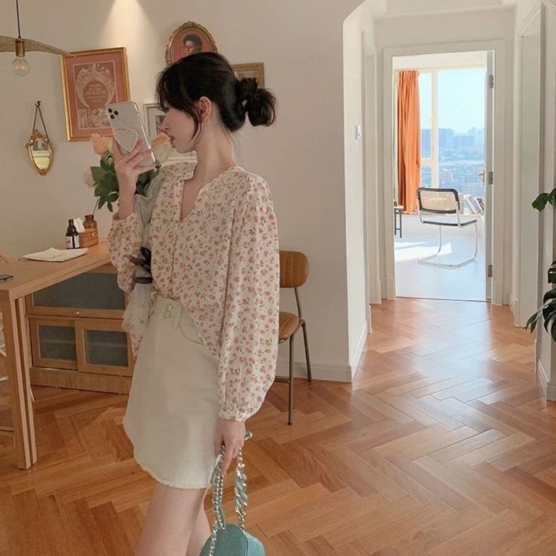 Áo voan IELGY cổ chữ V in hoa kiểu Pháp ngọt ngào vintage cho nữ