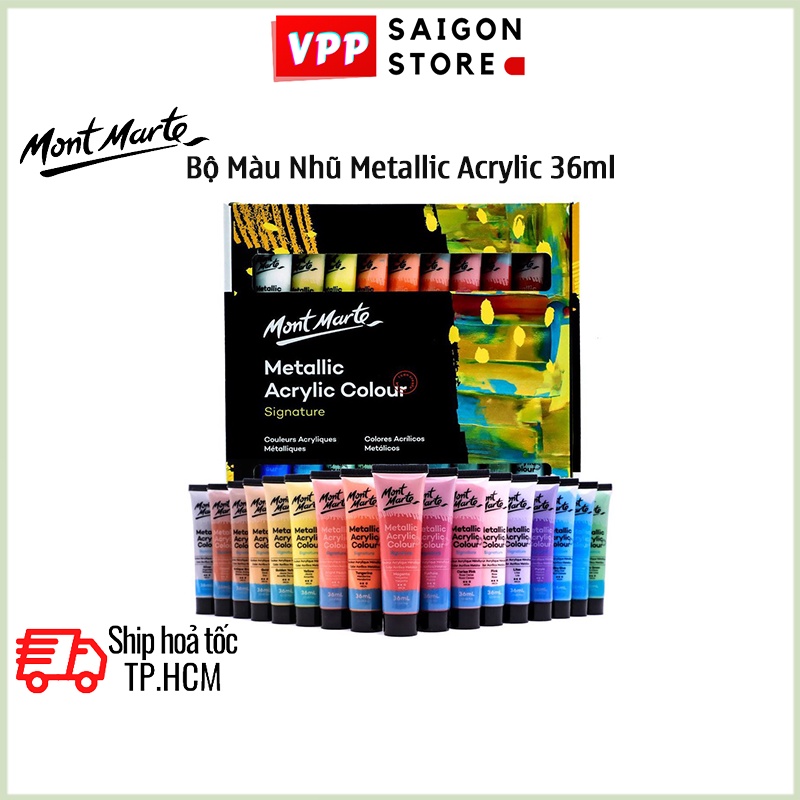 Bộ Màu Nhũ Metallic Acrylic Mont Marte 12/24/36 Màu x 36ml - PMMT1236/PMMT2436/PMMT3636