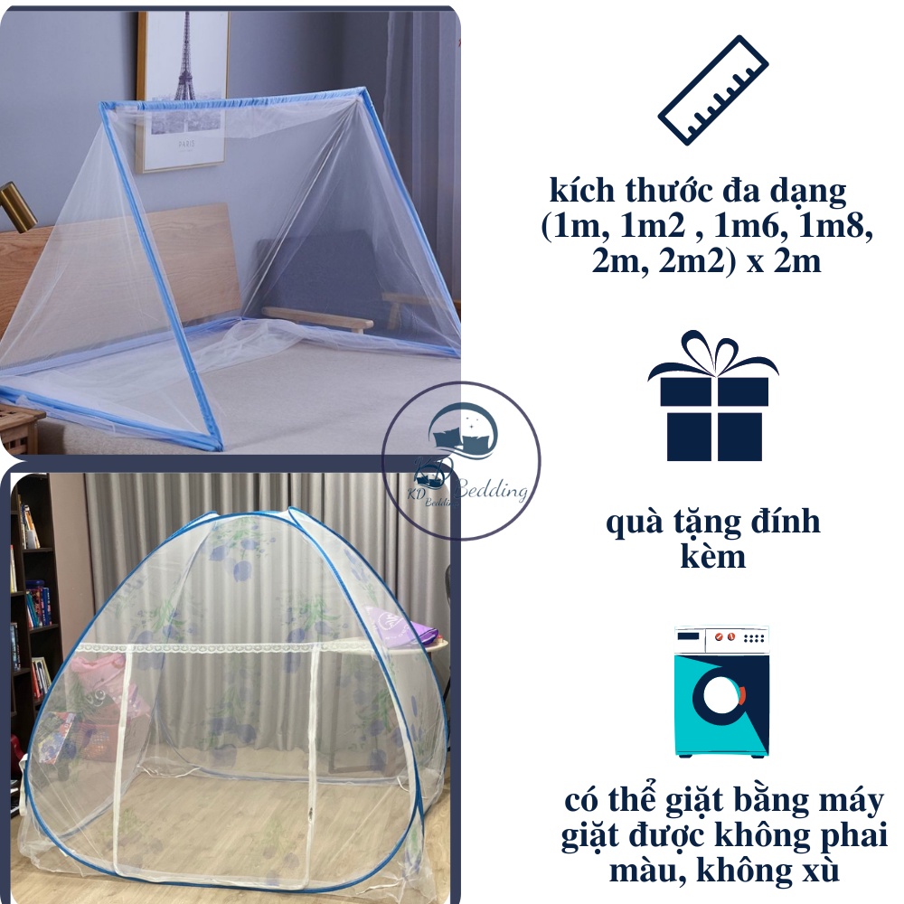 Mùng chụp tự bung người lớn, Màn gấp gọn chống muỗi thông minh KD BEDDING cao cấp 1m 1m2 1m4 1m6 1m8 2m2