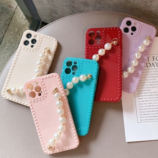 Ốp Điện Thoại Silicon Mềm Hình Vuông Có Dây Đeo Chuỗi Hạt Ngọc Trai Cho iPhone 13 12 mini 11 pro XS max 7 8 Plus X SE2020 XR