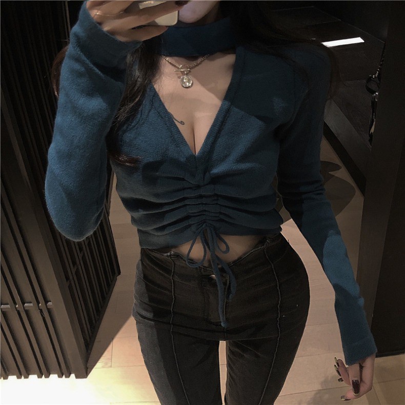 Áo thun COZOK dệt kim tay dài cổ yếm phối dây rút quyến rũ dành cho nữ