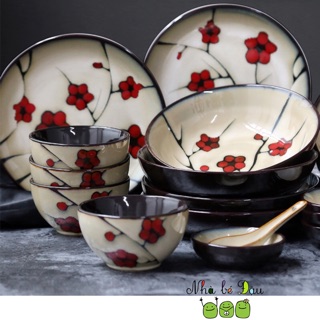 (ORDER) BỘ 14 MÓN BÁT ĐĨA GỐM SỨ NHẬT BẢN- Hoa đỏ nhỏ