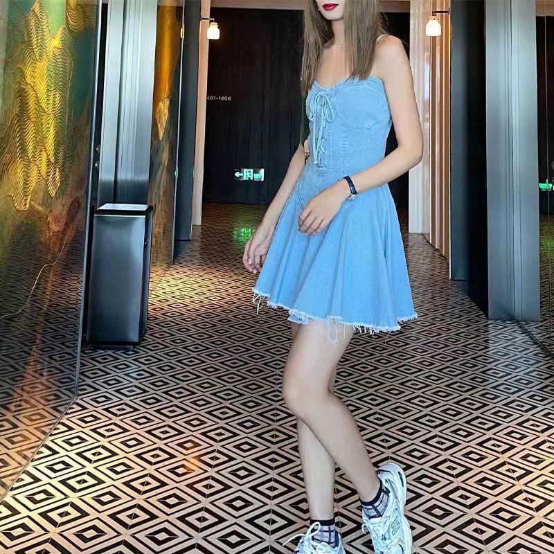 Đầm Denim Hai Dây Cột Dây Phong Cách Âu Mỹ Thời Trang Mùa Hè Quyến Rũ Cho Nữ 2022